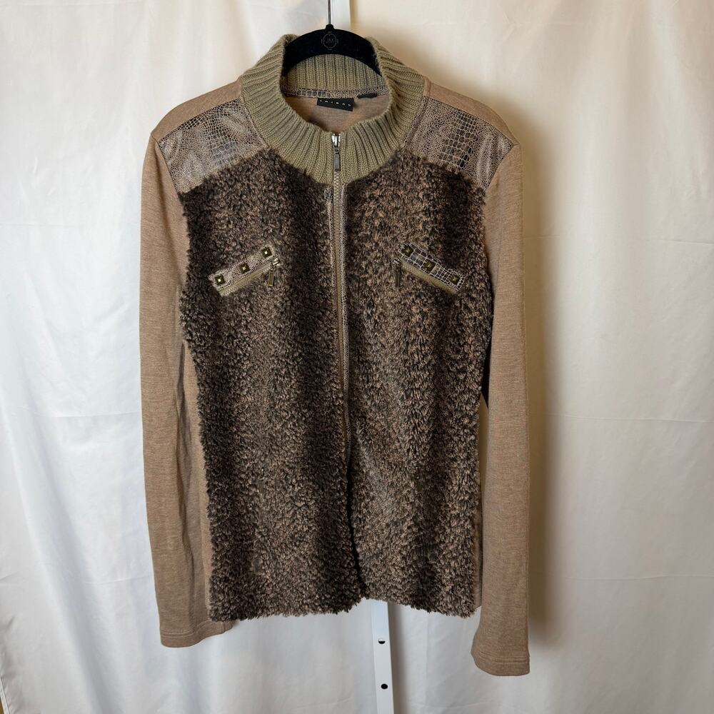 Tribal Size 12 Mixed Media Faux Fur Moto Jacket Zip‎ Front Neutral Avant Garde